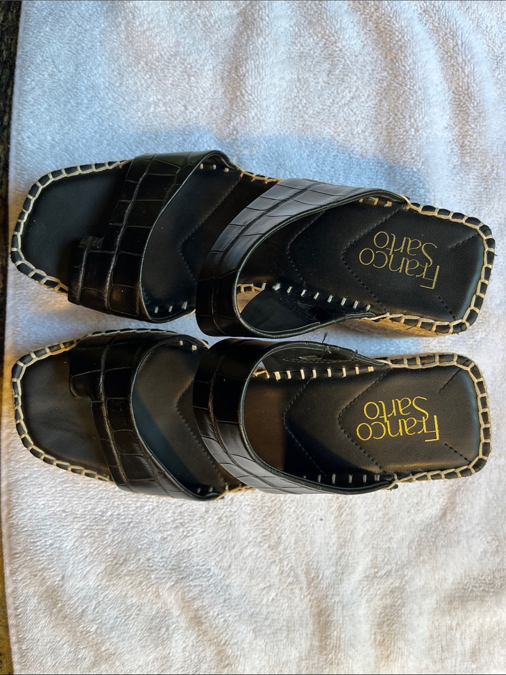 Franco Sarto Black Croc-Embossed Espadrille Slide Sandals